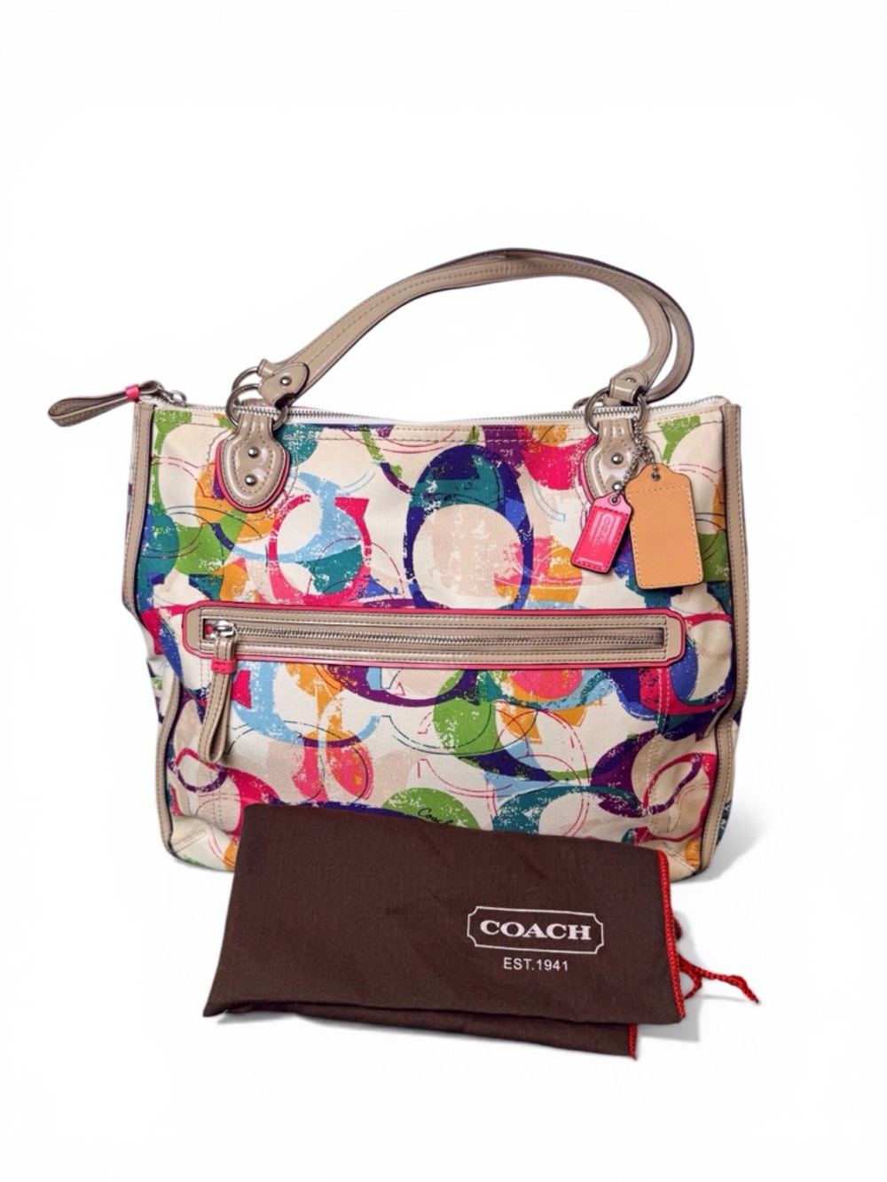 Coach Poppy Signature Canvas Hallie East/West Logo Tote Taupe/Multi EUC - Picture 4 of 11